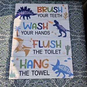 4 Pcs Watercolor Dinosaur Bathroom Wall Decor Bathroom Rules Wooden Hanging